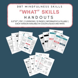 May include: A set of printable "What" Skills handouts for DBT Mindfulness Skills. The handouts are in black and white and feature the words "Observe", "Describe", and "Participate".