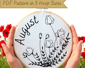 August Poppy Hand Embroidery Pattern: Floral Design (PDF Download)