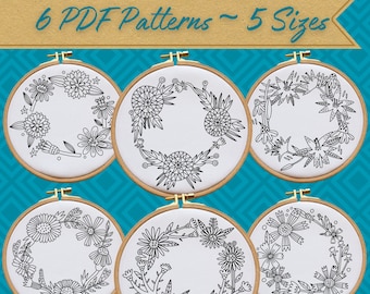 Floral Hand Embroidery PDF Pattern Bundle - 6 Designs in 5 Sizes - Instant Download!