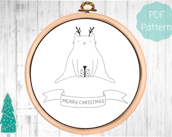 Hand Embroidery PDF Pattern, Christmas Cat, Merry Christmas