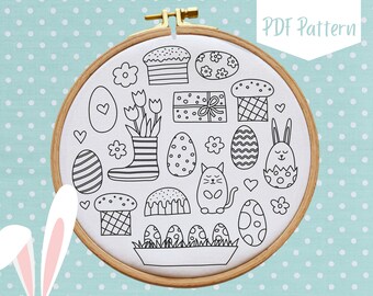 May include: Black and white line art illustrations of Easter themed items, including a bunny, eggs, flowers, a cat, a cake, and a gift box. The illustrations are arranged in a circle on a white background.