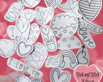 Patrones de palo y puntada de corazones y amor - Paquete de diseño de bordado - Juego de 23 Peel and Stick - San Valentín