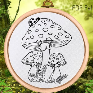 Toadstool Embroidery Pattern: Ferns and Ladybug Design (PDF Pattern)