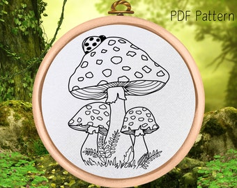 Toadstool Hand Embroidery Pattern - PDF Pattern Download - Ferns and Toadstool Embroidery Design