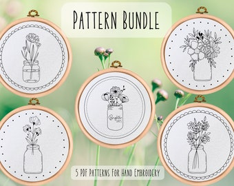 Hand Embroidery PDF Pattern Bundle, Floral Embroidery Set, 5 Designs