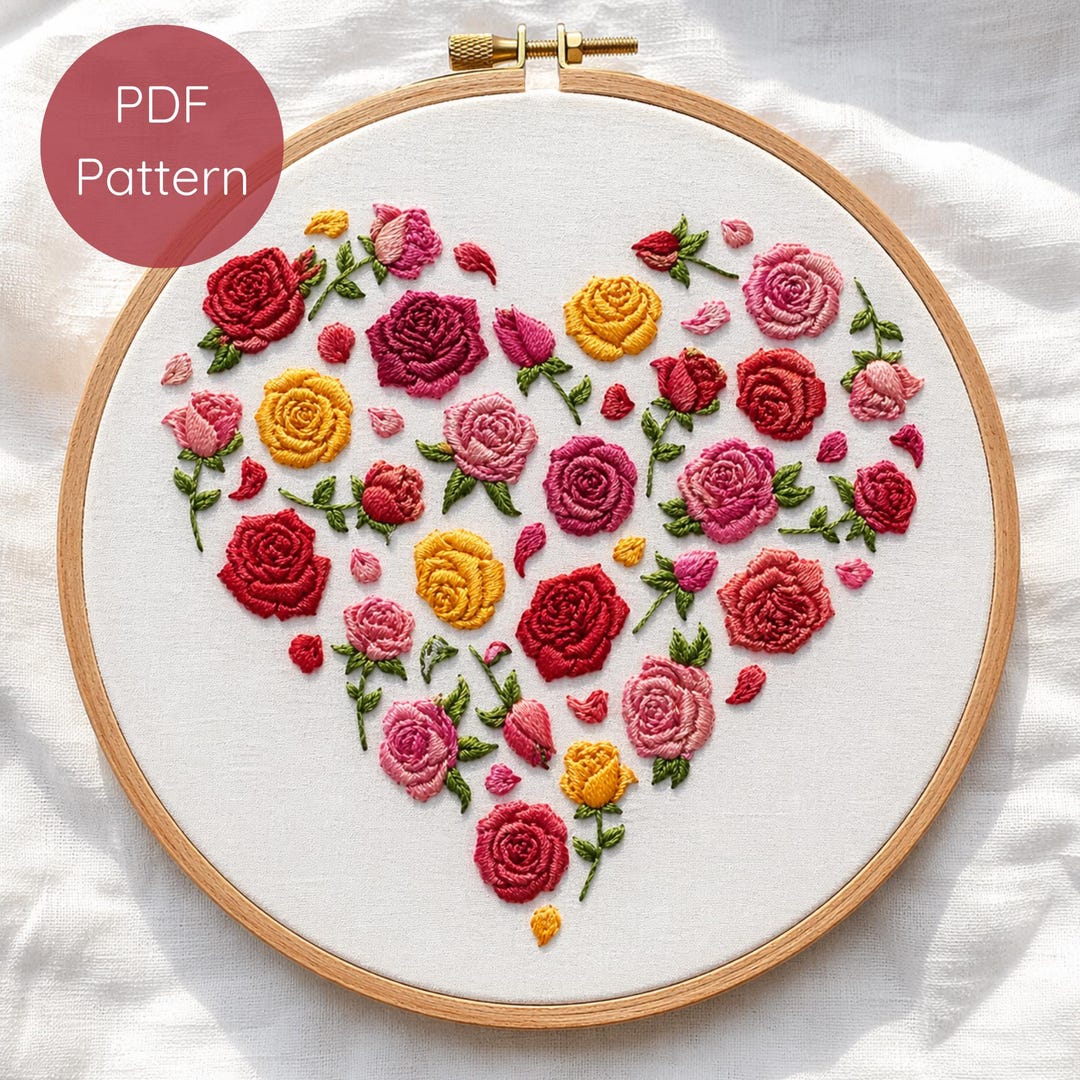 Hand Embroidery Rose Heart Pattern PDF, Floral Design, Romantic Flower ...
