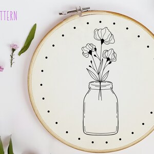 Floral Hand Embroidery Pattern - PDF Pattern Download - Flowers in Mason Jar Design