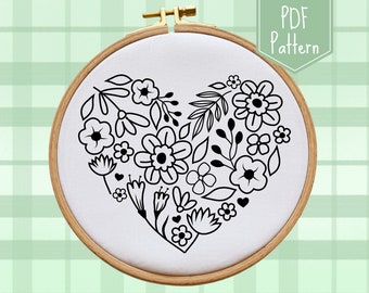 Hand Embroidery PDF Pattern, Digital Download, Heart of Flowers, Floral Embroidery Design