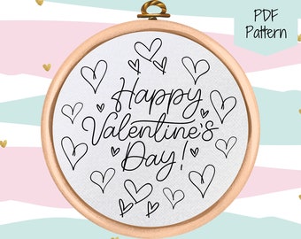 Happy Valentines Day Hand Embroidery Pattern - PDF Pattern Download - Heart Design