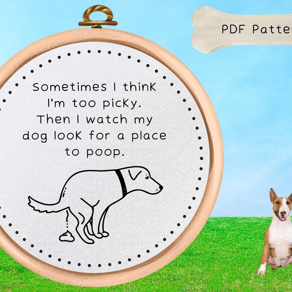Pooping Dog PDF Pattern - Funny Hand Embroidery Pattern - Dog Poop Humor Design