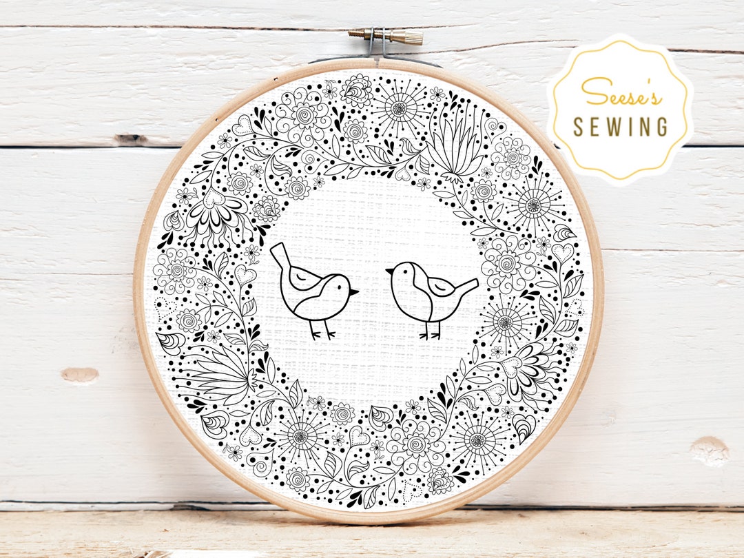 Hand Embroidery PDF Pattern, Bird and Flowers, Floral Wreath, Digital ...