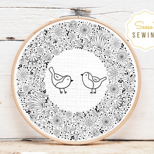 Hand Embroidery PDF Pattern, Bird and Flowers, Floral Wreath, Digital Download Pattern
