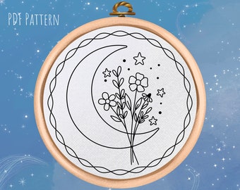 Moon Bouquet Hand Embroidery Pattern - PDF Pattern Download - Celestial Embroidery Design