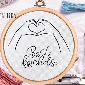 Best Friends Hand Embroidery Pattern - PDF Pattern Download - Heart Hands Embroidery Design