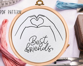 Best Friends Hand Embroidery Pattern - PDF Pattern Download - Heart Hands Embroidery Design