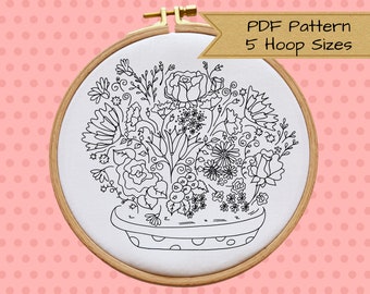 Hand Embroidery PDF Pattern, Flowers, Floral Embroidery Design, 5 Hoop Sizes