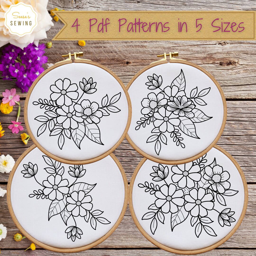 Floral Delight: Four Hand Embroidery PDF Patterns in 5 Sizes, Instant ...