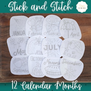 Calendar Month Stick and Stitch Hand Embroidery Patterns (Set of 12)
