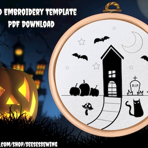 Halloween Embroidery Pattern: Haunted House Hoop Art (PDF Download)