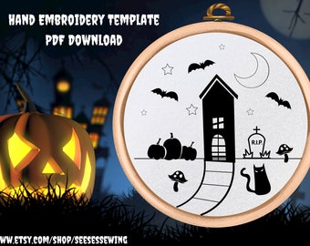 Halloween Embroidery Pattern: Haunted House Hoop Art (PDF Download)