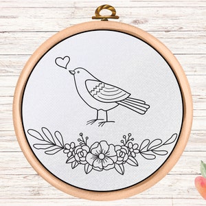 Hand Embroidery PDF Pattern - Digital Download - Bird and Flowers