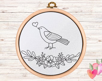 Motif de broderie main oiseau, motif PDF, motif oiseau floral