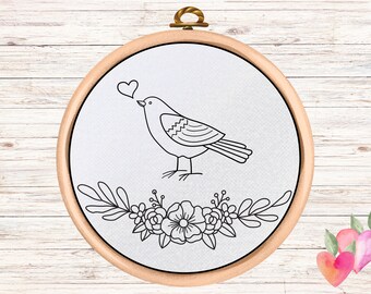 Motif PDF de broderie à la main - Téléchargement numérique - Oiseau et fleurs