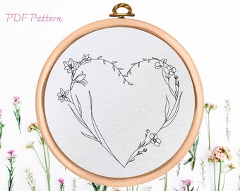 Floral Heart Hand Embroidery Pattern - PDF Pattern Download - Flower Heart Embroidery Design