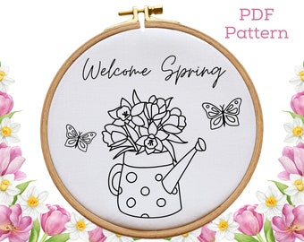 Welcome Spring Flowers Hand Embroidery Pattern, PDF Pattern Download, Floral Embroidery Design