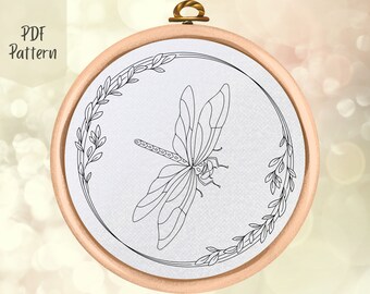 Dragonfly Hand Embroidery Pattern: Floral Wreath Design (PDF Pattern)