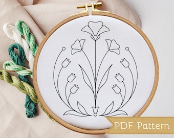 Hand Embroidery PDF Pattern, Flowers and Leaves, Embroidery Design, Multiple Sizes