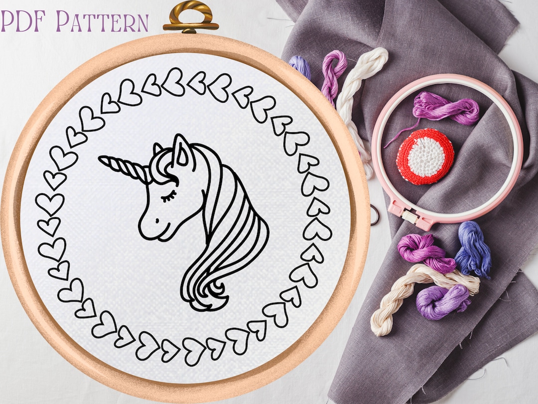 Unicorn Embroidery Pattern - PDF Pattern - Unicorn and Hearts Design ...