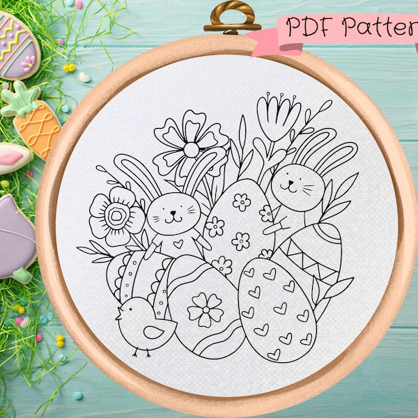 Easter Hand Embroidery Pattern - PDF Pattern - Eggs and Bunnies