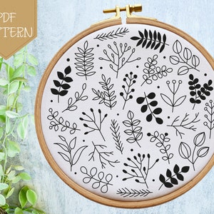 Leaves and Flowers Hand Embroidery Pattern, Floral PDF Pattern Download