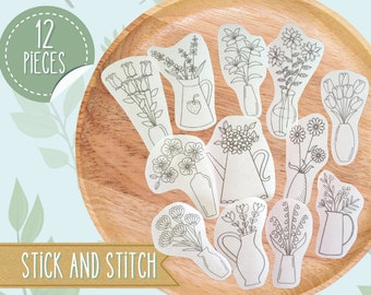 Flower Stick and Stitch Kit, Hand Embroidery Pattern Pack, Set of 12 Floral Peel and Stick