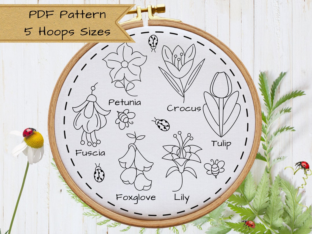 Hand Embroidery PDF Pattern, Flowers, Floral Embroidery Design, 5 Hoop ...
