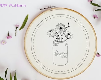 Floral Hand Embroidery Pattern - PDF Pattern Download - Wildflower Mason Jar Design - Easy Flowers