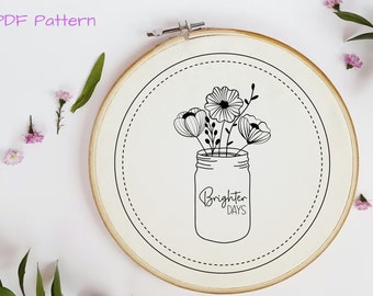Handborduurpatroon bloemen - pdf-patroon downloaden - Wildflower Mason Jar Design - Easy Flowers