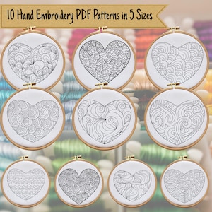 Printable Hearts Hand Embroidery Designs - PDF Pattern - Instant Download, 5 Sizes