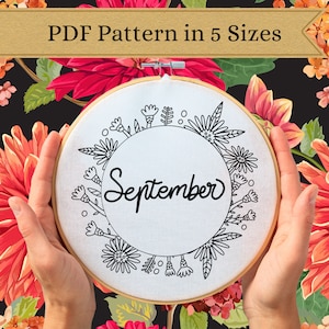September Blüte: Handstickerei PDF Muster mit Aster Blumenkranz - 5 Grössen
