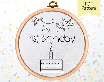 First Birthday Hand Embroidery Pattern - PDF Pattern Download - 1st Birthday Embroidery Design