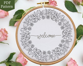 Rose Wreath Hand Embroidery Pattern, Welcome PDF Pattern Download, Flower Embroidery