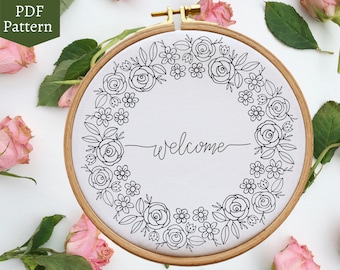 Rose Wreath Hand Embroidery Pattern: Welcome Floral Design (PDF Pattern)