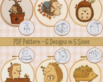 Hedgehog Hand Embroidery PDF Pattern Set - 6 Designs in 5 Hoop Sizes