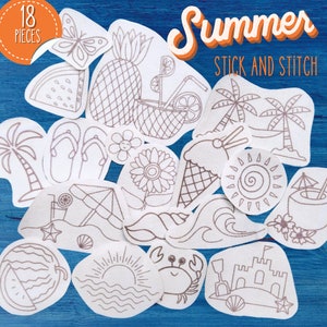 Summer Stick and Stitch Kit, Hand Embroidery Pattern Pack, Set of 18 Peel and Stick