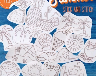 Summer Stick and Stitch Kit, Hand Embroidery Pattern Pack, Set of 18 Peel and Stick