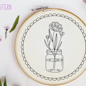 Flower Bouquet in Mason Jar Vase - Hand Embroidery Design - Instant Download PDF Pattern