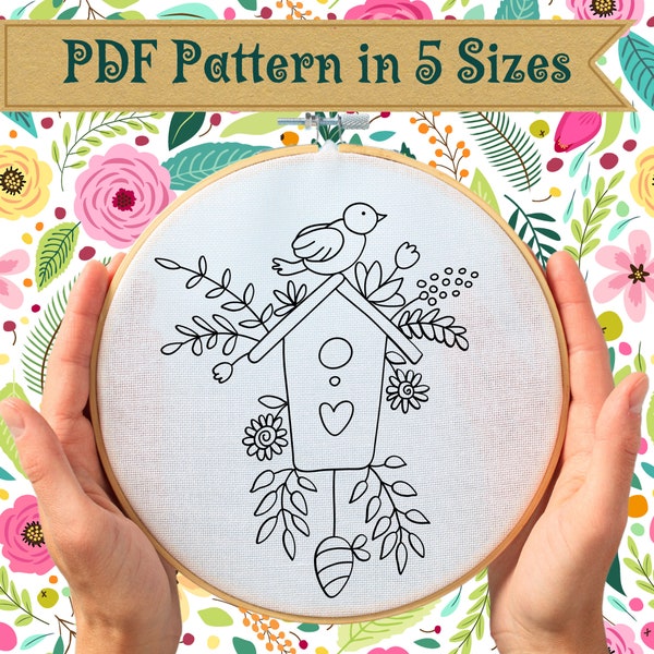 Whimsical Birdhouse Hand Embroidery Pattern - Instant Download in 5 Sizes
