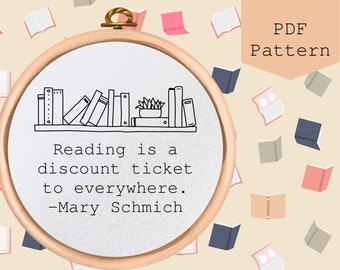 Bookshelf Embroidery Pattern, Reading Quote, Modern Cross Stitch Design (PDF Pattern)