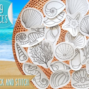 Seashells Stick and Stitch Patterns, Peel and Stick Embroidery Kit , Set of 19, Sea Life